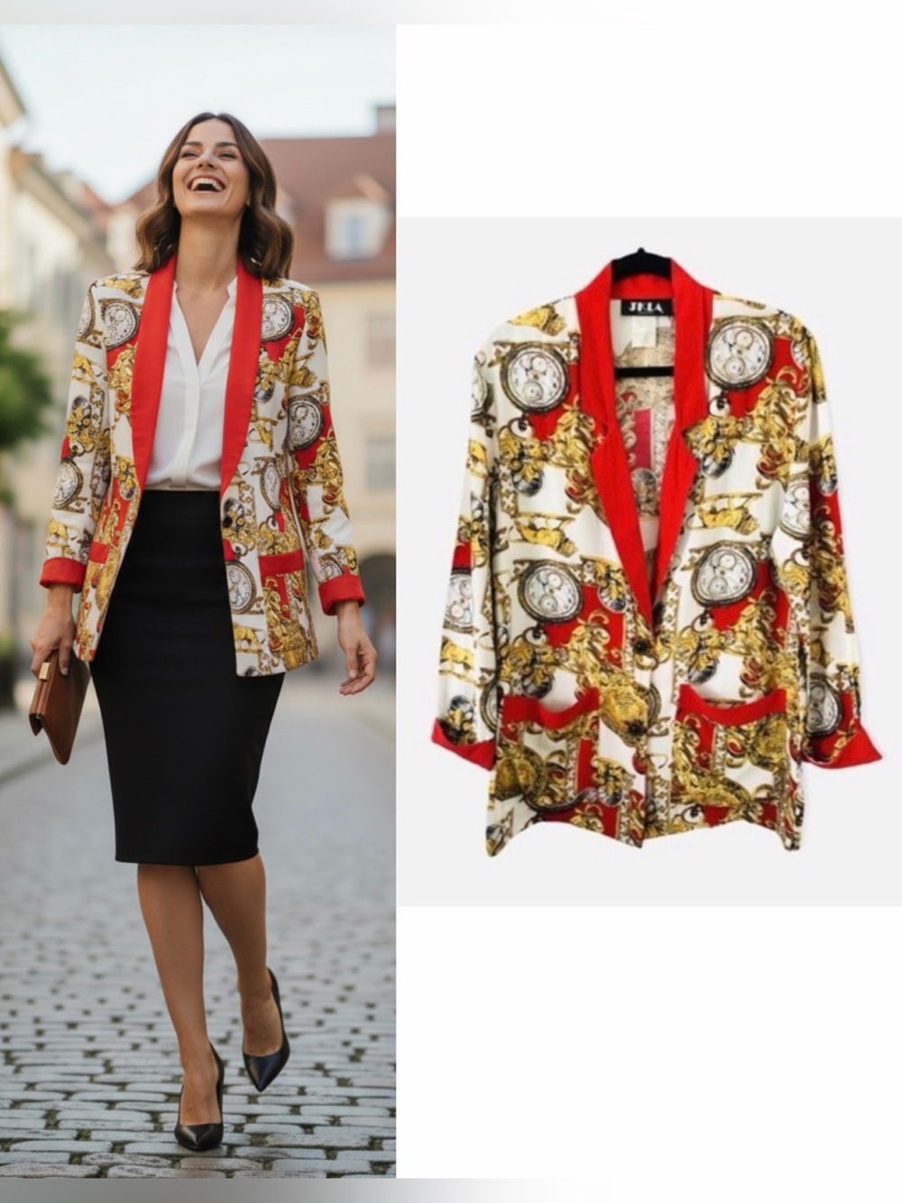 VTG 90s JKLA California Classic Chain Print Red Cardigan Blazer Size S